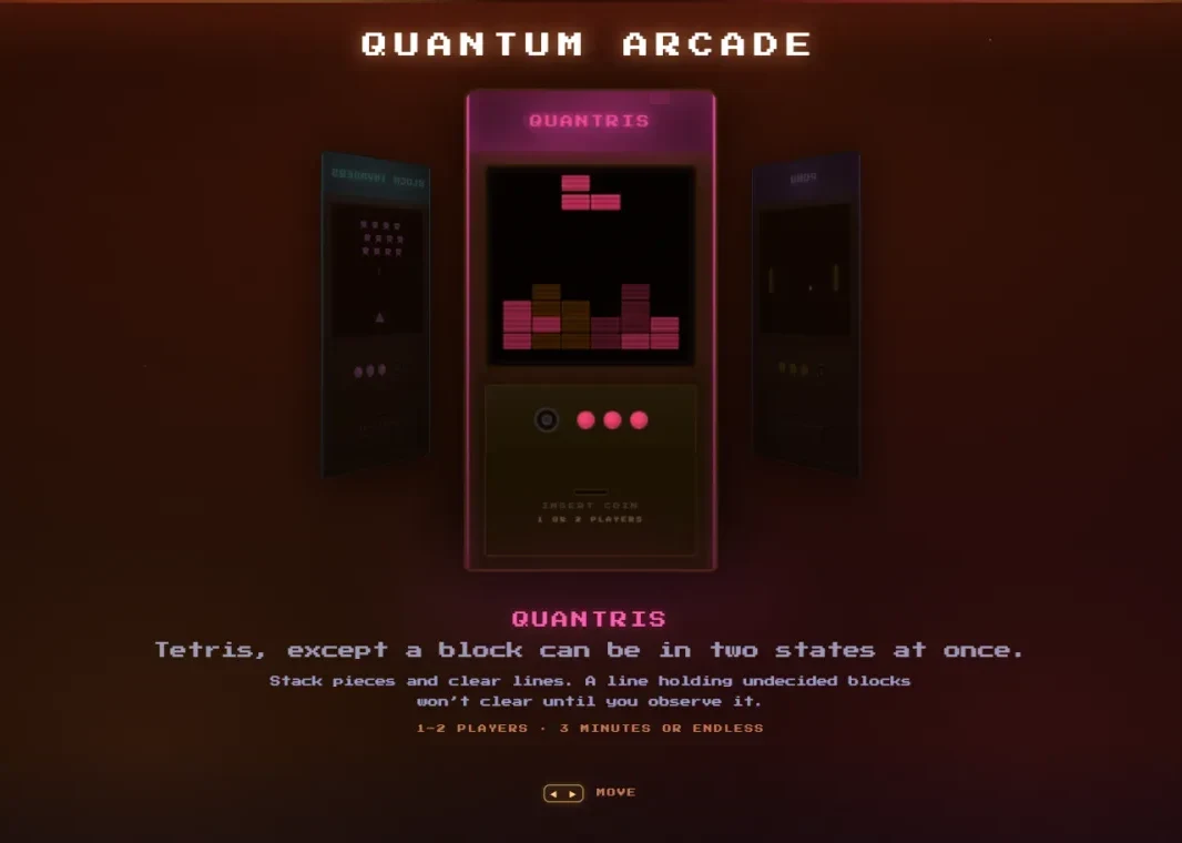 The Quantum Arcade launcher: three virtual cabinets side by side with Quantris selected, a one-line description, and a player count beneath