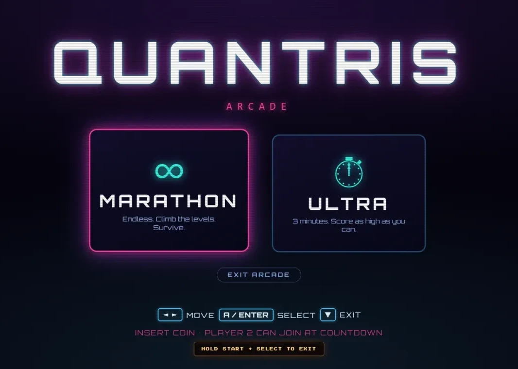 Quantris in the arcade build: two large mode tiles, Marathon and Ultra, with controller hints and an insert-coin prompt