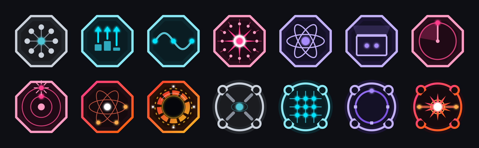 The fourteen tournament badges: ten octagonal arena badges for players and four round trap badges for organizers, in graphite, cyan, violet, magenta and heat